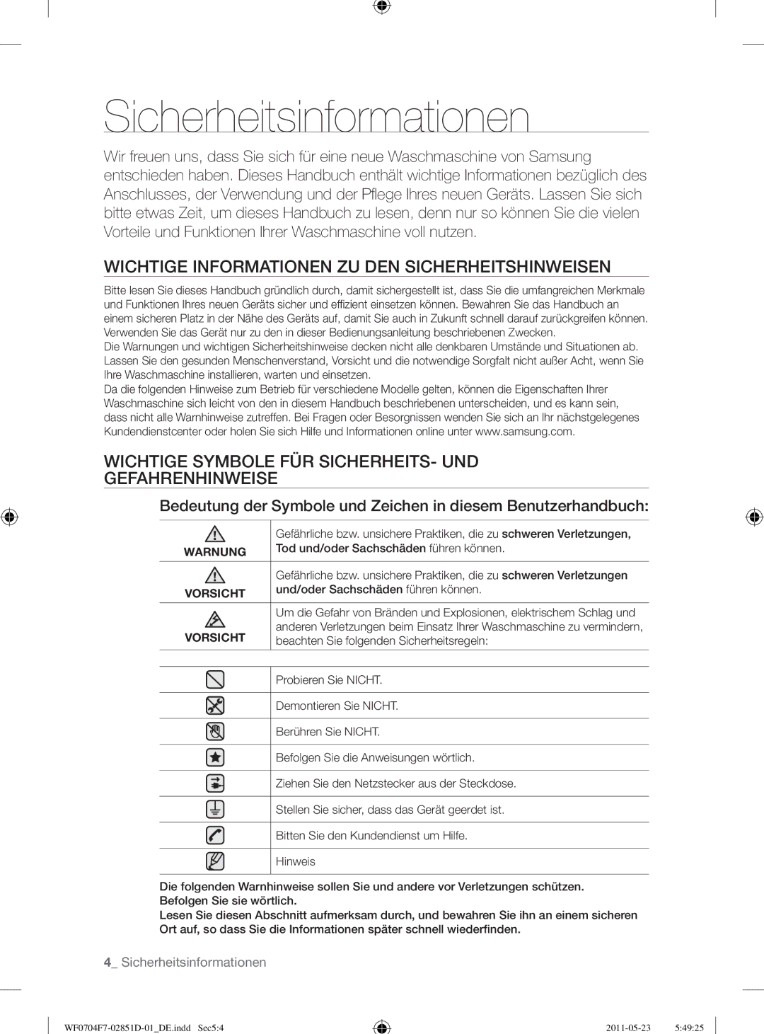 Samsung WF0704W7V1/YLE Sicherheitsinformationen, Wichtige Informationen ZU DEN Sicherheitshinweisen, Warnung, Vorsicht 