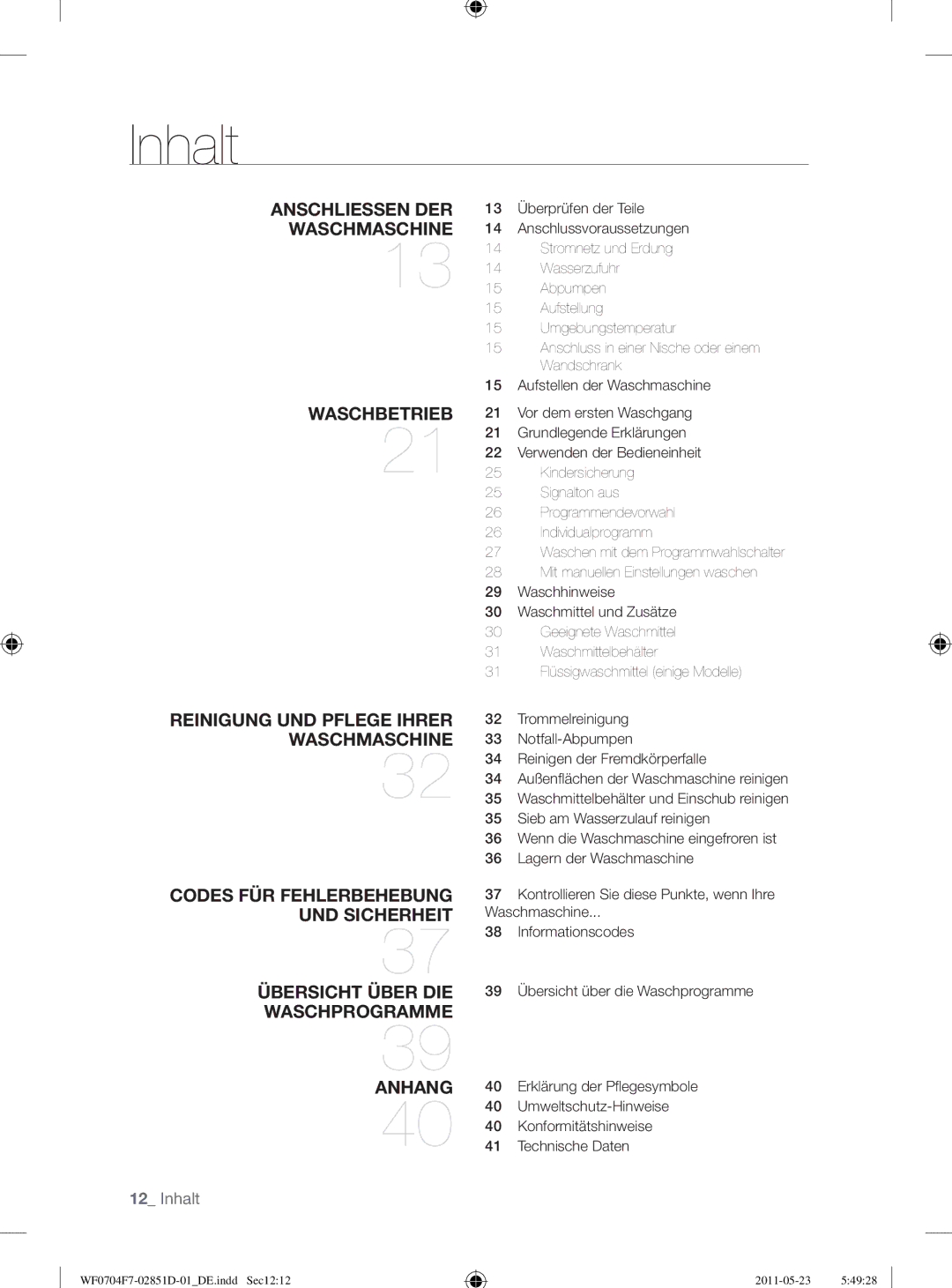 Samsung WF0704Y8E/XEE, WF0704W7V1/YLE, WF0704W7V/YLE manual Inhalt 