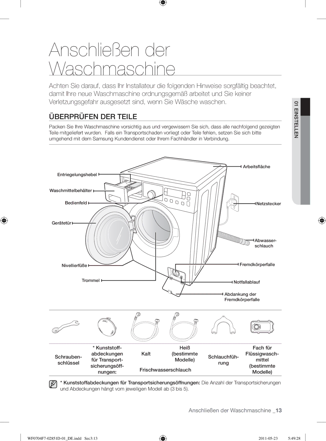 Samsung WF0704W7V1/YLE, WF0704W7V/YLE, WF0704Y8E/XEE manual Anschließen der Waschmaschine, Überprüfen DER Teile 