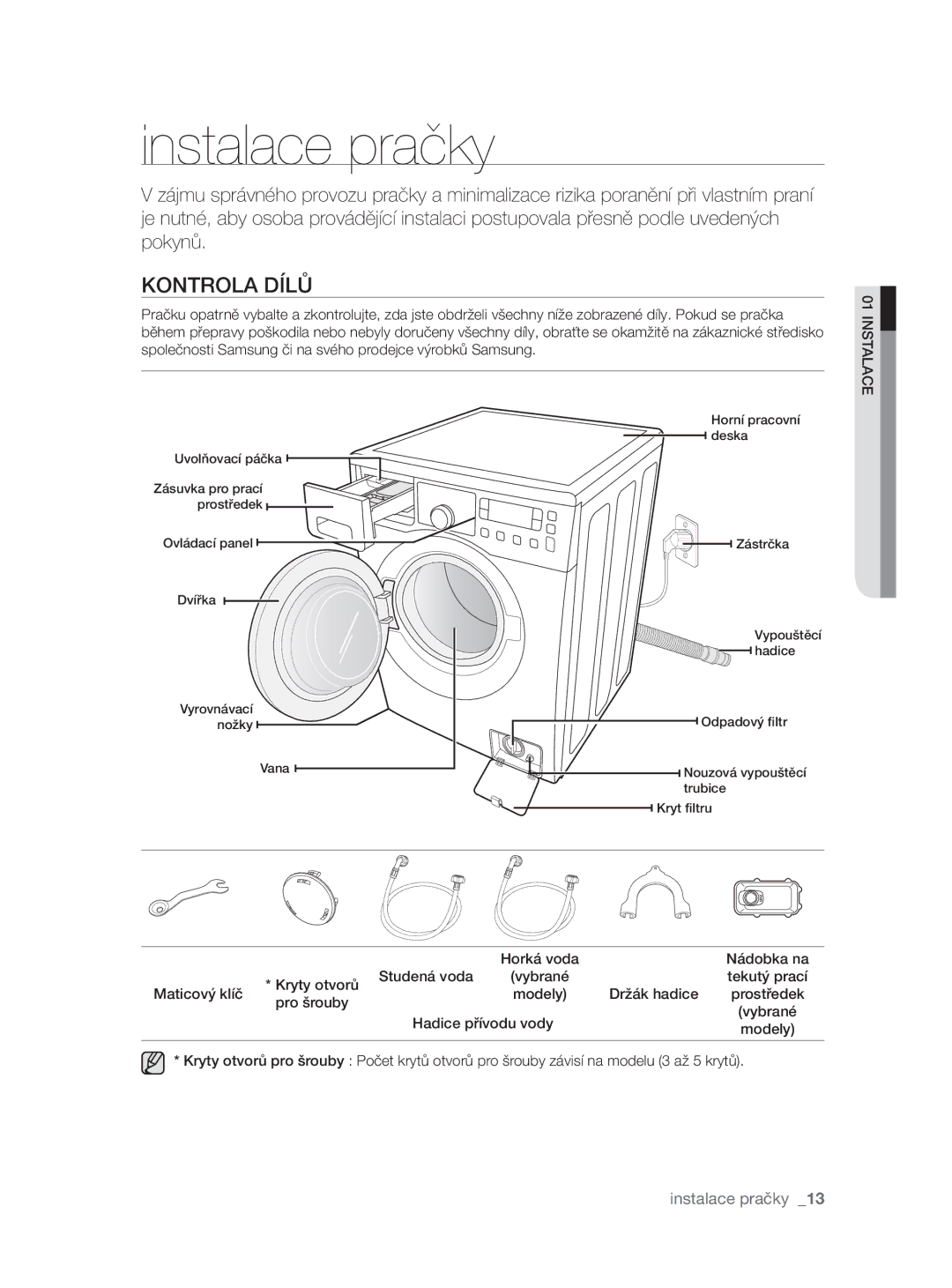 Samsung WF0704W7V/YLE, WF0704W7V1/YLE manual Instalace pračky, Kontrola Dílů 