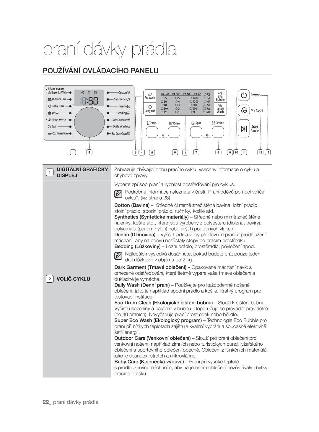 Samsung WF0704W7V1/YLE, WF0704W7V/YLE manual Používání Ovládacího Panelu, Displej 