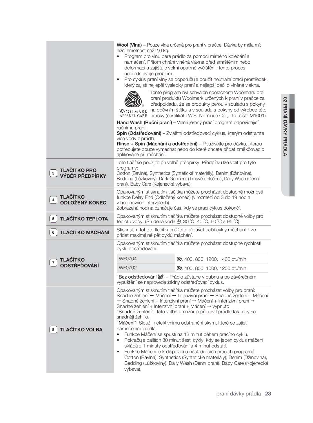 Samsung WF0704W7V/YLE manual Ručnímu praní, Programy, Praní, Baby Care Kojenecká výbava, 30 ˚C, 40 ˚C, 60 ˚C a 95 ˚C 