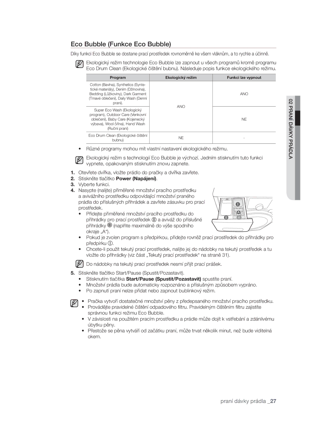 Samsung WF0704W7V/YLE, WF0704W7V1/YLE manual Eco Bubble Funkce Eco Bubble, Program Ekologický režim Funkci lze vypnout 