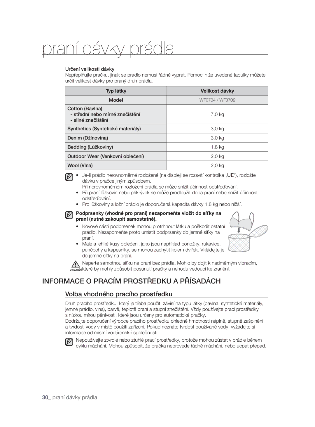 Samsung WF0704W7V1/YLE, WF0704W7V/YLE Informace O Pracím Prostředku a Přísadách, Volba vhodného pracího prostředku, Model 