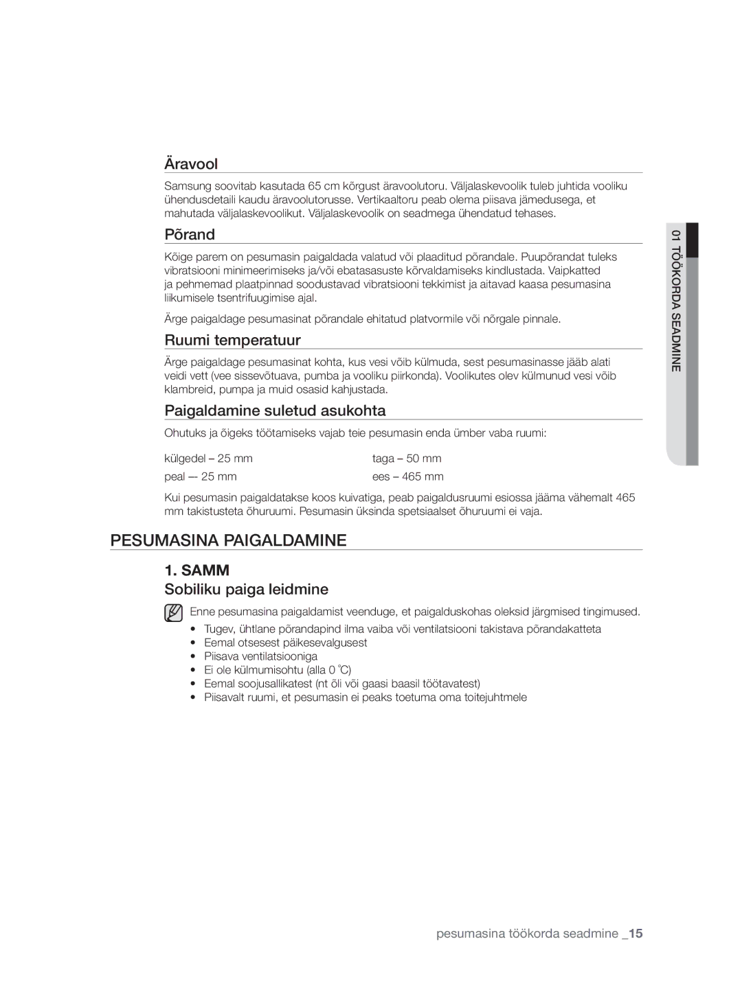 Samsung WF0704W7V/YLE, WF0704W7V1/YLE manual Pesumasina Paigaldamine 