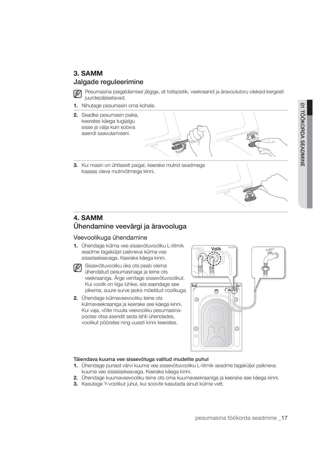 Samsung WF0704W7V/YLE, WF0704W7V1/YLE manual Jalgade reguleerimine, Ühendamine veevärgi ja äravooluga 