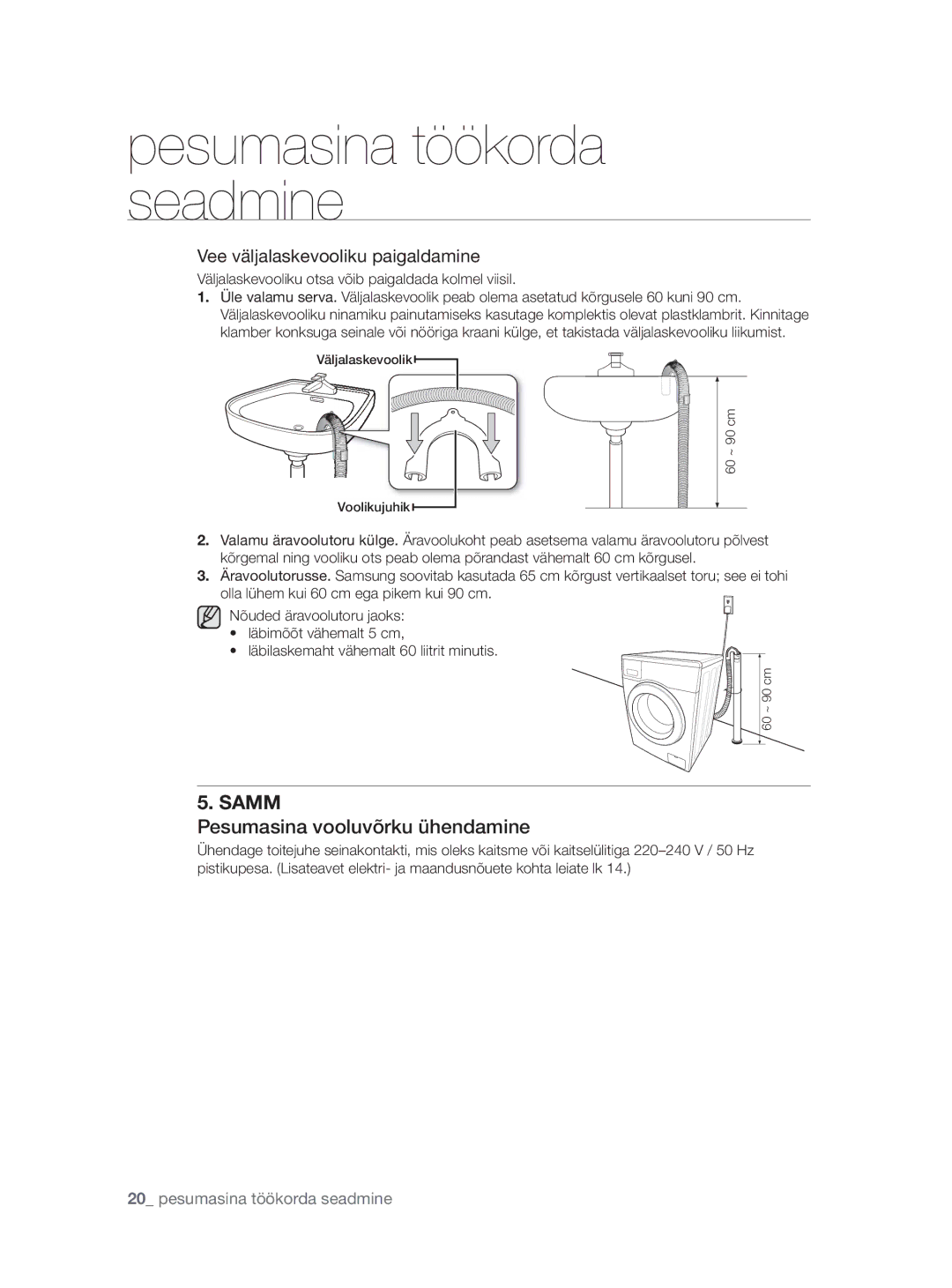 Samsung WF0704W7V1/YLE manual Pesumasina vooluvõrku ühendamine, Väljalaskevooliku otsa võib paigaldada kolmel viisil 