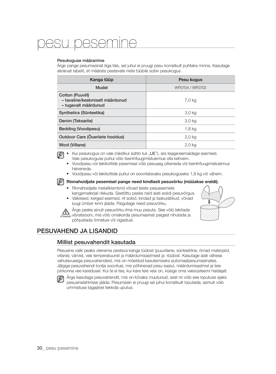 Samsung WF0704W7V1/YLE, WF0704W7V/YLE manual Pesuvahend JA Lisandid, Millist pesuvahendit kasutada, Mudel 