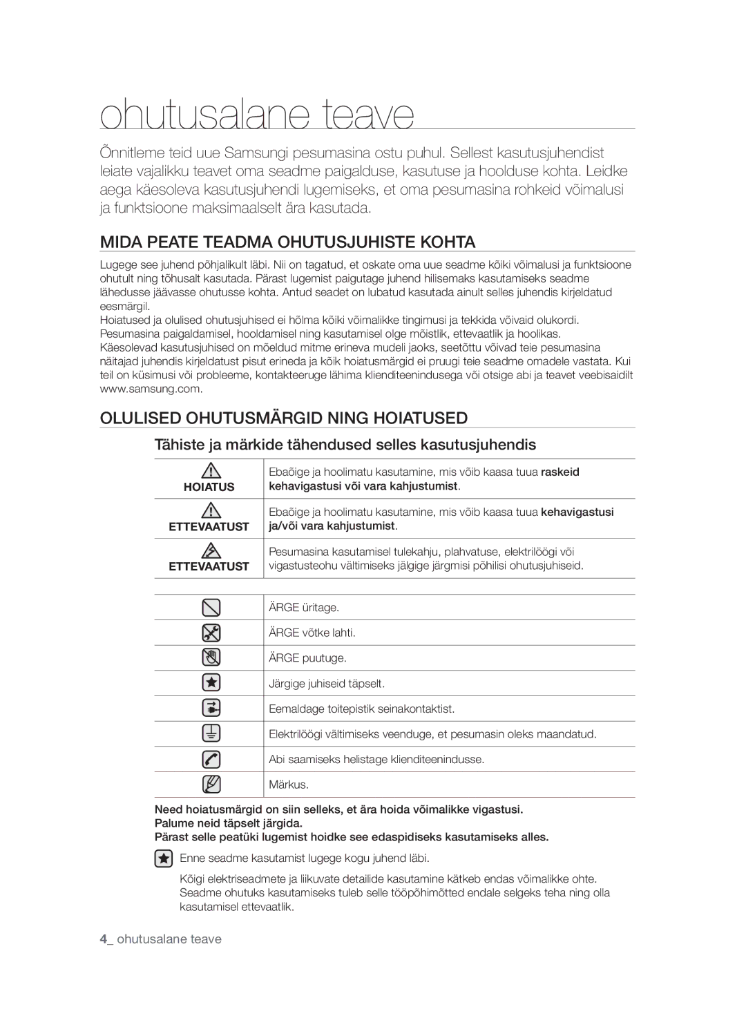 Samsung WF0704W7V1/YLE Ohutusalane teave, Mida Peate Teadma Ohutusjuhiste Kohta, Olulised Ohutusmärgid Ning Hoiatused 