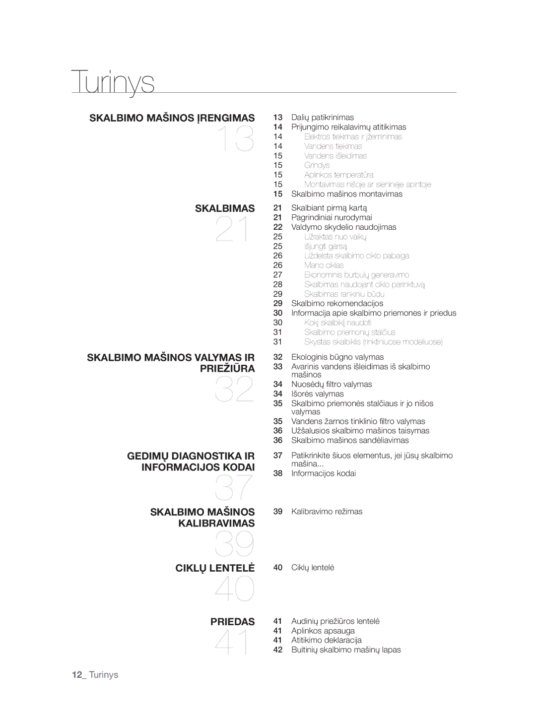 Samsung WF0704W7V1/YLE, WF0704W7V/YLE manual Turinys 