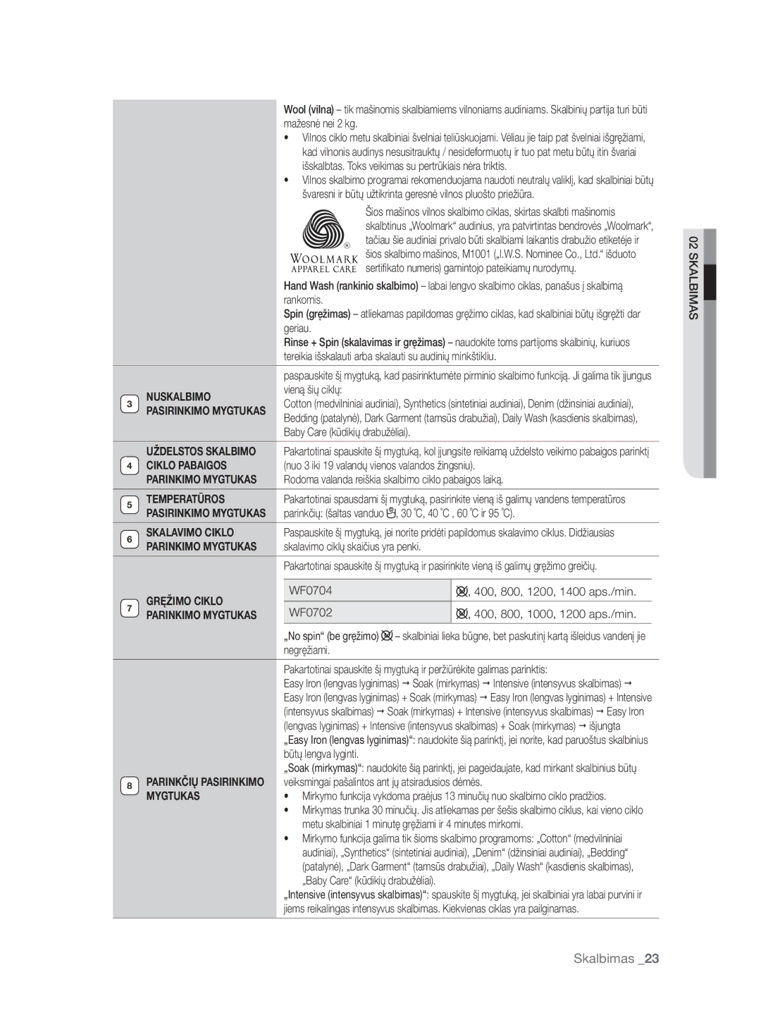 Samsung WF0704W7V/YLE, WF0704W7V1/YLE manual Baby Care kūdikių drabužėliai, Nuo 3 iki 19 valandų vienos valandos žingsniu 