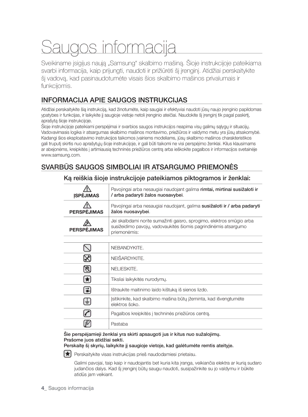 Samsung WF0704W7V1/YLE, WF0704W7V/YLE manual Saugos informacija, Informacija Apie Saugos Instrukcijas 