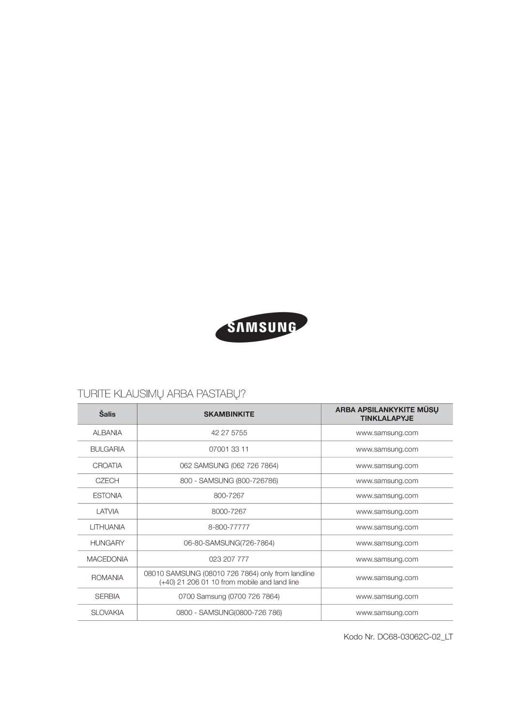 Samsung WF0704W7V1/YLE, WF0704W7V/YLE manual Turite Klausimų Arba PASTABŲ?, Kodo Nr. DC68-03062C-02LT 