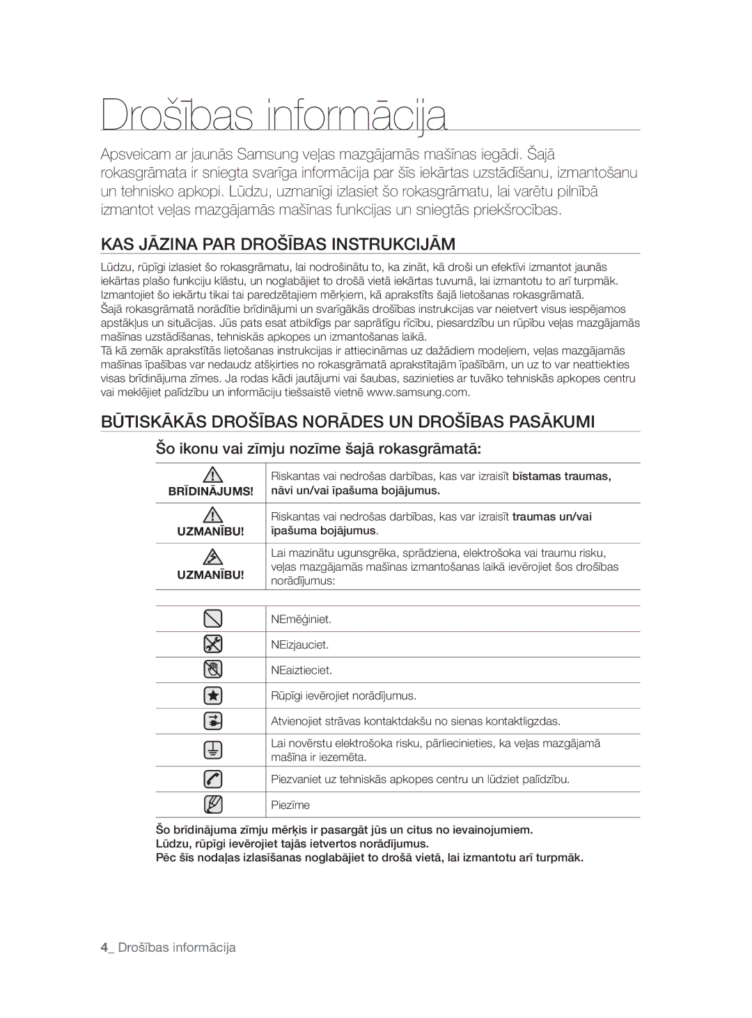 Samsung WF0704W7V1/YLE, WF0704W7V/YLE manual Drošības informācija, KAS Jāzina PAR Drošības Instrukcijām 