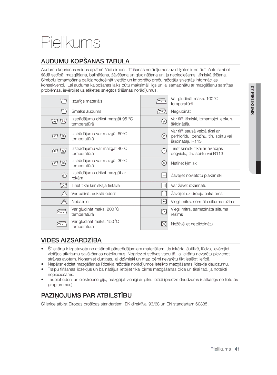 Samsung WF0704W7V/YLE, WF0704W7V1/YLE manual Pielikums, Audumu Kopšanas Tabula, Vides Aizsardzība, Paziņojums PAR Atbilstību 