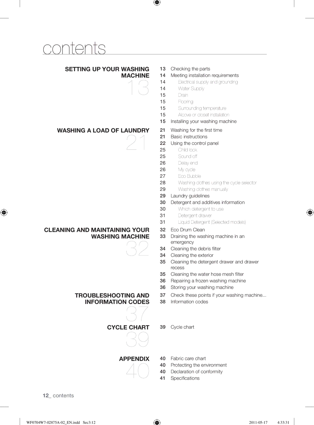 Samsung WF0704W7V1/YLE, WF0704W7V/YLE manual Contents 