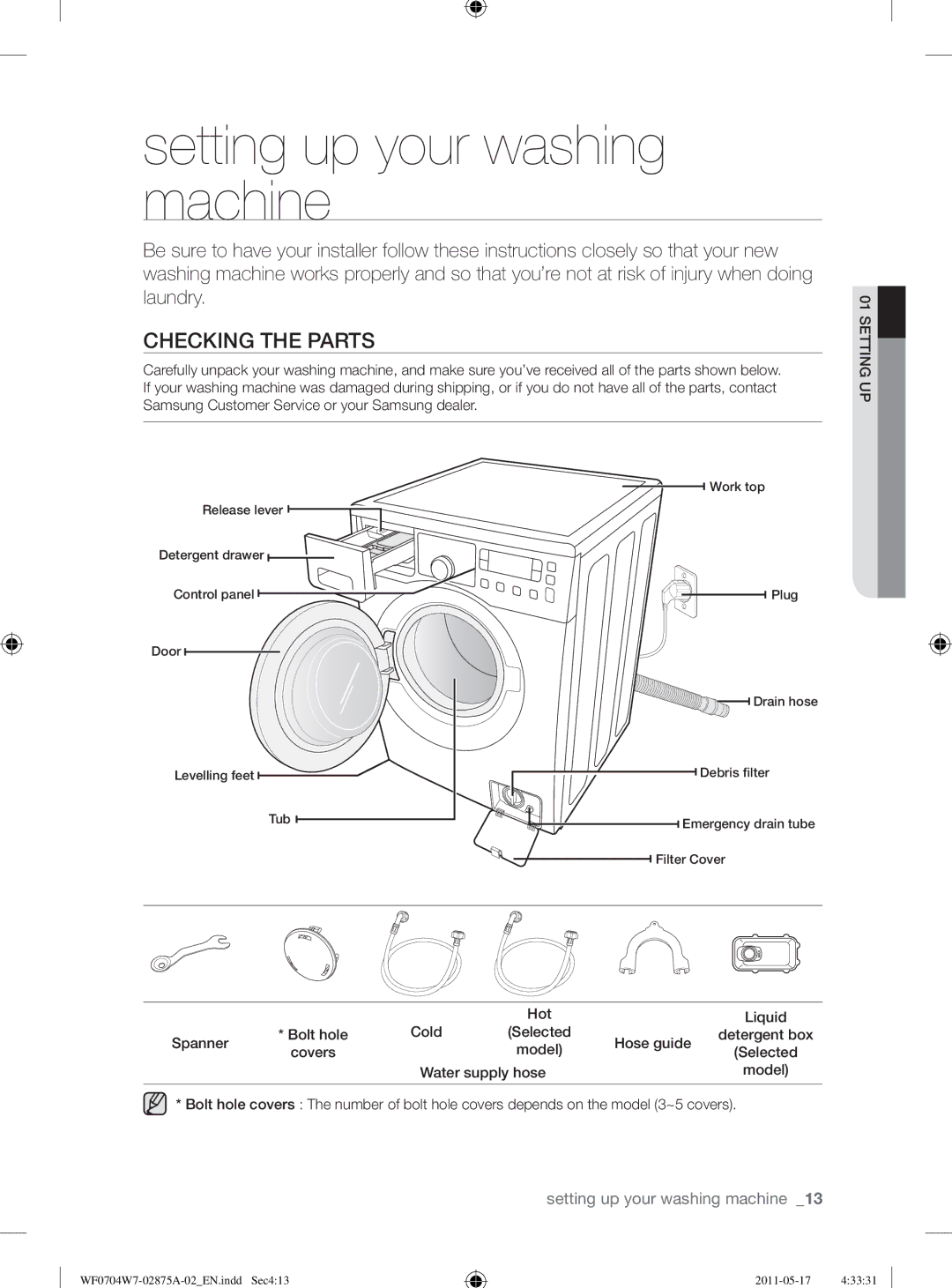 Samsung WF0704W7V/YLE, WF0704W7V1/YLE manual Setting up your washing machine, Checking the Parts 