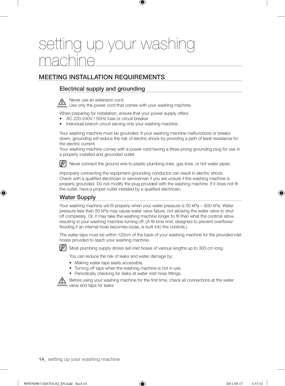 Samsung WF0704W7V1/YLE, WF0704W7V/YLE Meeting Installation Requirements, Electrical supply and grounding, Water Supply 