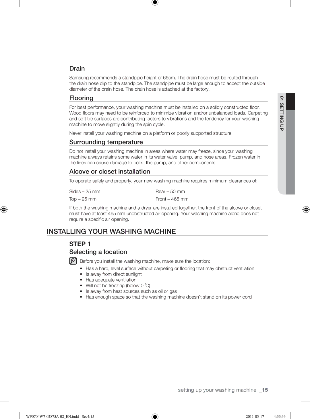 Samsung WF0704W7V/YLE, WF0704W7V1/YLE manual Installing Your Washing Machine 