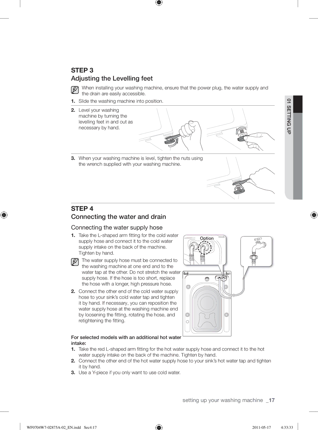 Samsung WF0704W7V/YLE, WF0704W7V1/YLE manual Adjusting the Levelling feet, Connecting the water and drain 