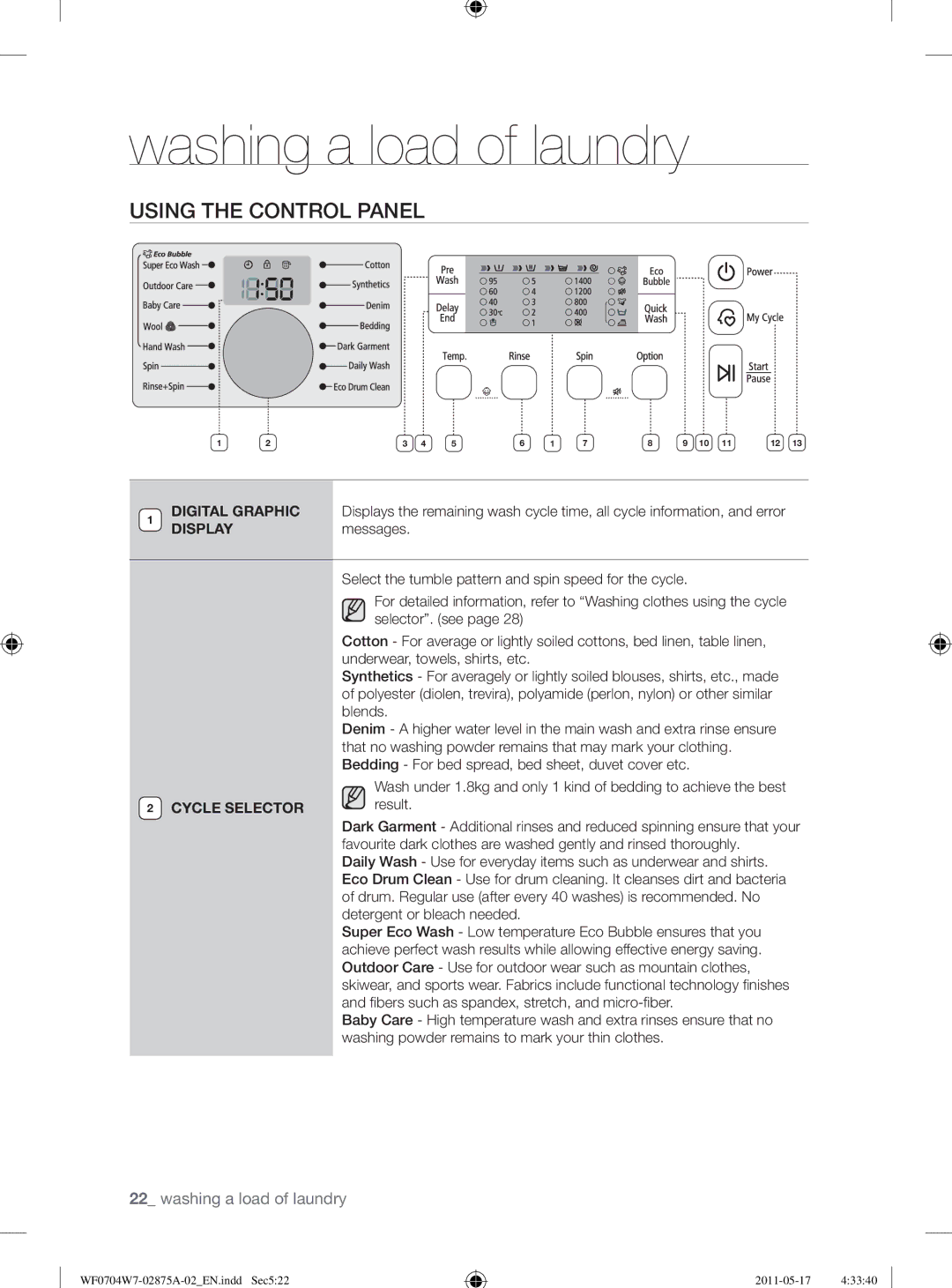 Samsung WF0704W7V1/YLE, WF0704W7V/YLE manual Using the Control Panel, Cycle Selector 