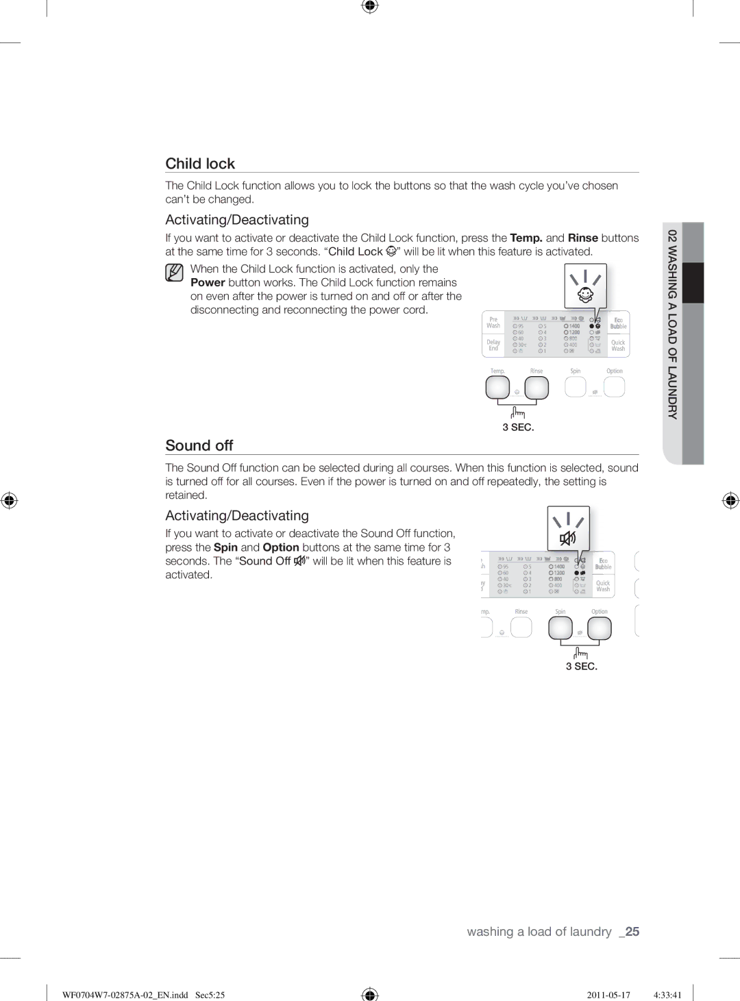 Samsung WF0704W7V/YLE, WF0704W7V1/YLE manual Sound off, Activating/Deactivating 