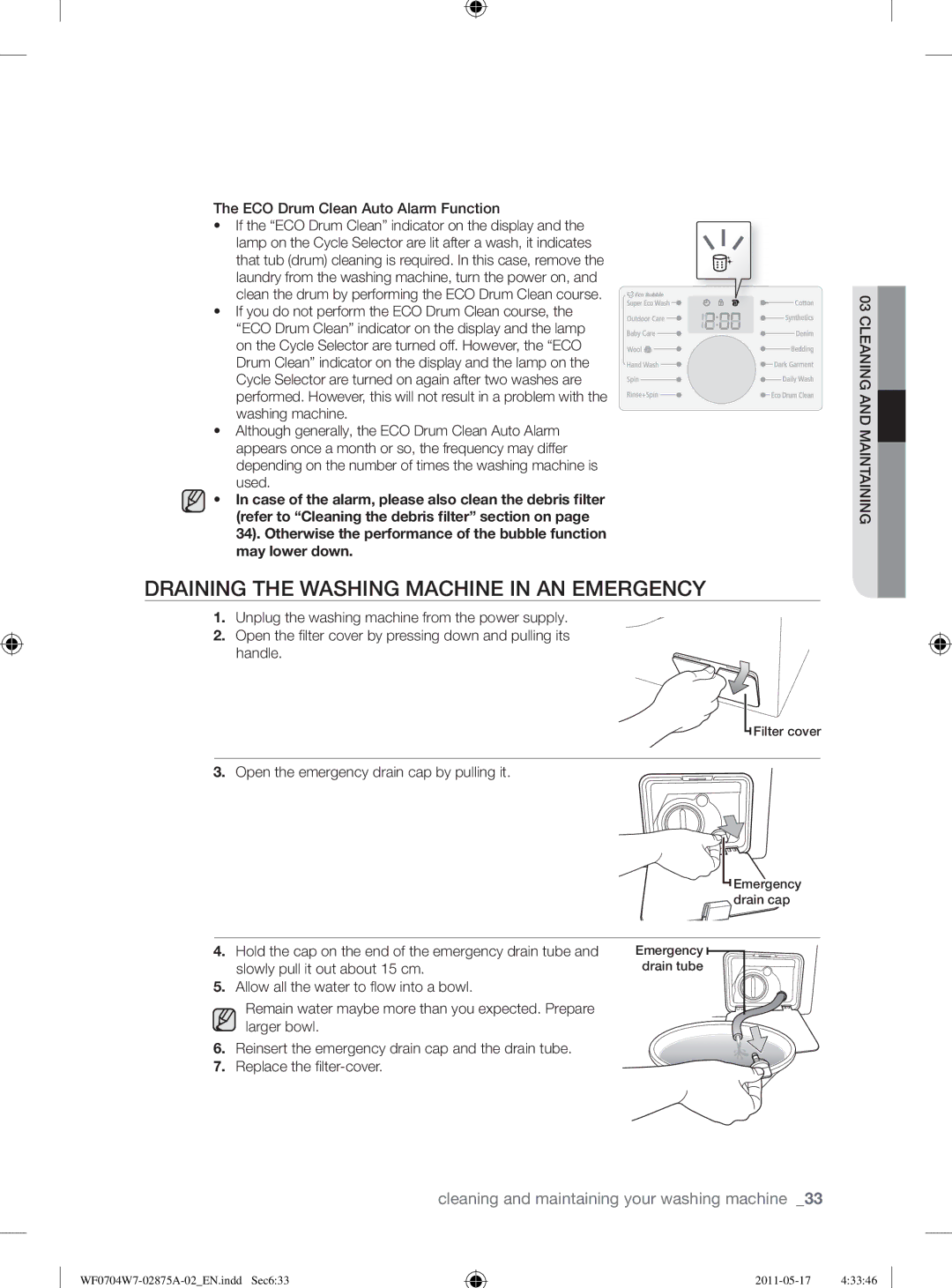 Samsung WF0704W7V/YLE, WF0704W7V1/YLE Draining the Washing Machine in AN Emergency, ECO Drum Clean Auto Alarm Function 