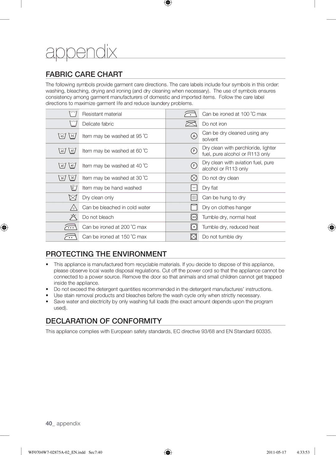 Samsung WF0704W7V1/YLE, WF0704W7V/YLE Appendix, Fabric Care Chart, Protecting the Environment, Declaration of Conformity 