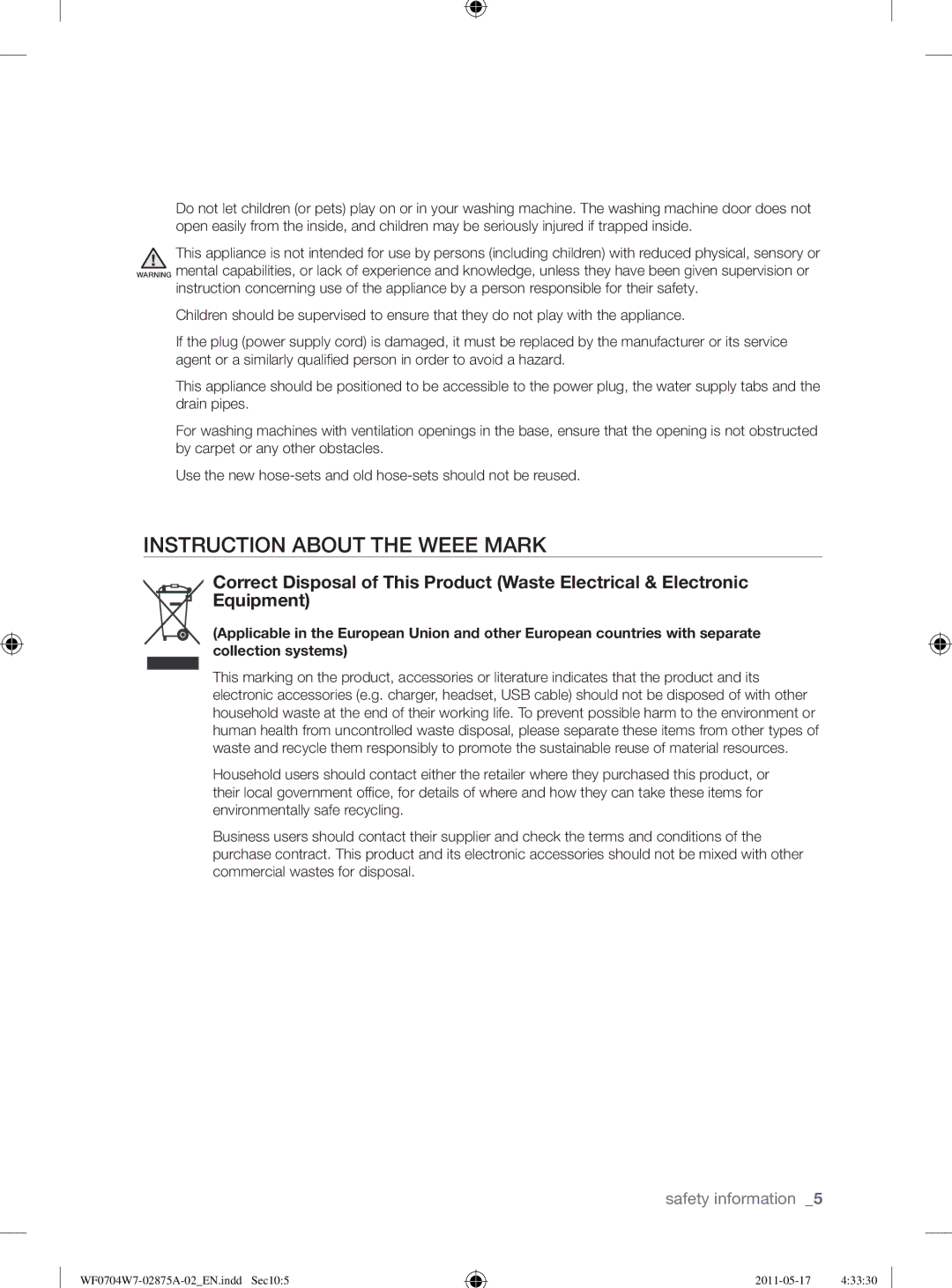 Samsung WF0704W7V/YLE, WF0704W7V1/YLE manual Instruction about the Weee Mark 