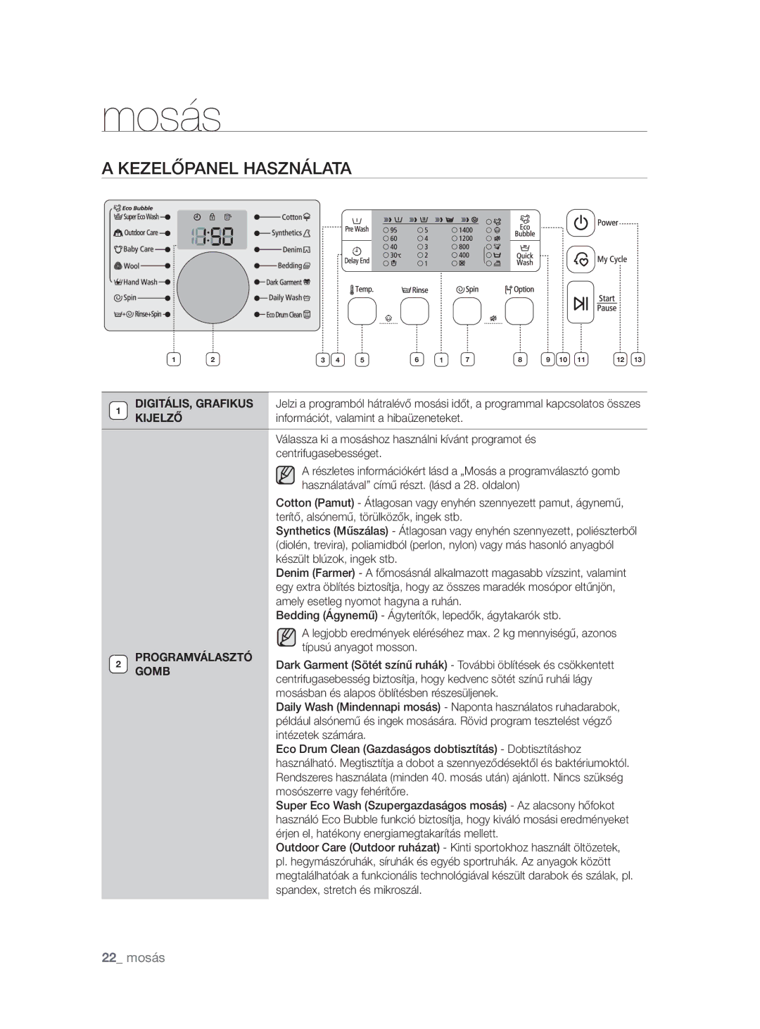 Samsung WF0704W7V1/YLE, WF0704W7V/YLE Kezelőpanel Használata, Információt, valamint a hibaüzeneteket, Centrifugasebességet 