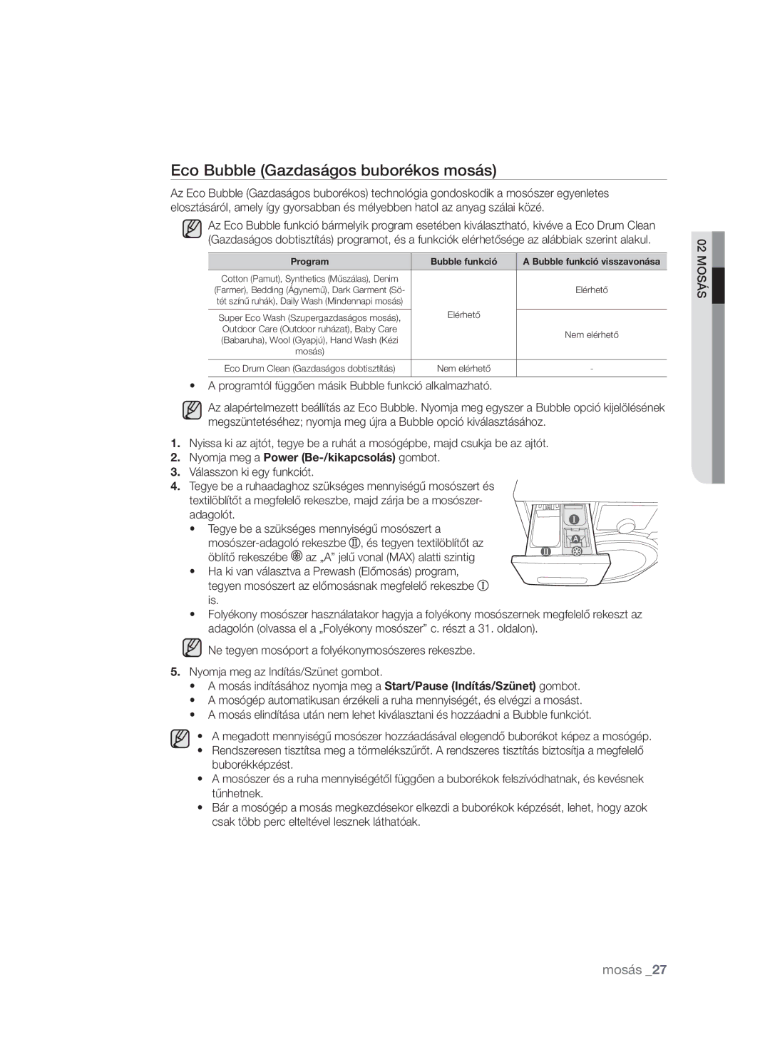 Samsung WF0704W7V/YLE, WF0704W7V1/YLE manual Programtól függően másik Bubble funkció alkalmazható, Válasszon ki egy funkciót 