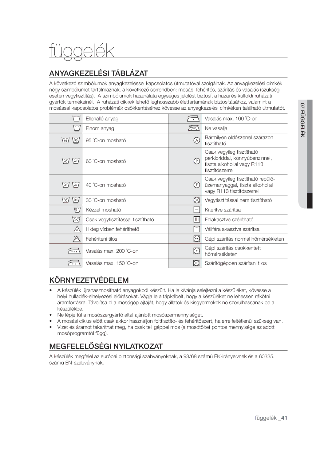 Samsung WF0704W7V/YLE, WF0704W7V1/YLE manual Függelék, Anyagkezelési Táblázat, Környezetvédelem, Megfelelőségi Nyilatkozat 