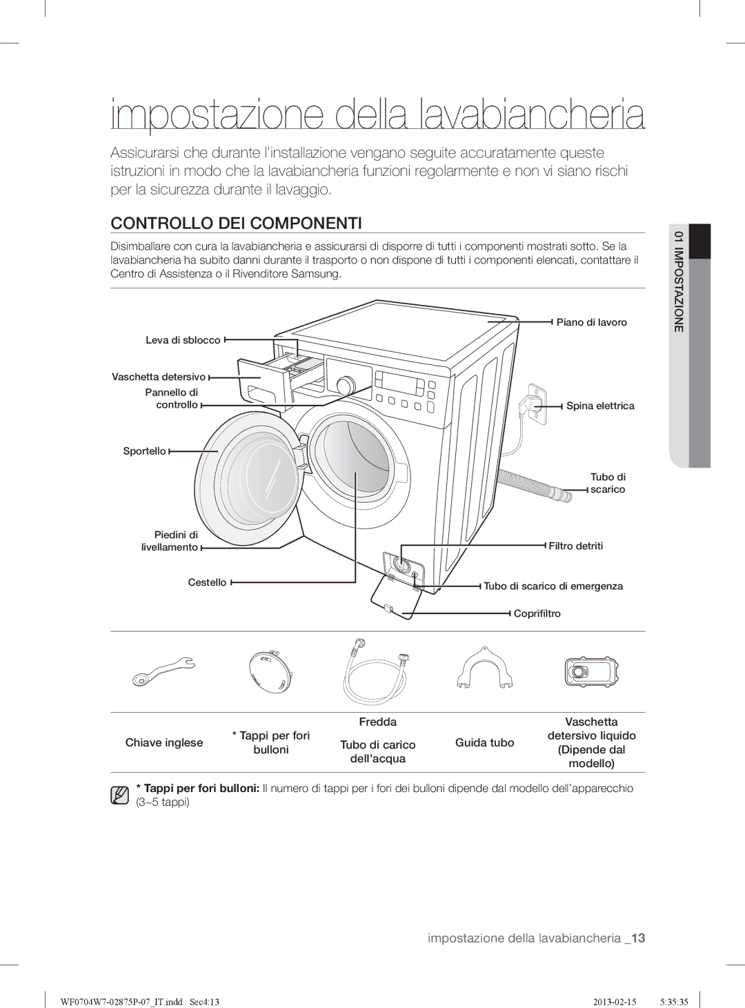 Samsung WF0704W7V1/XET, WF0704W7V/XET manual Controllo DEI Componenti, Chiave inglese, Guida tubo 