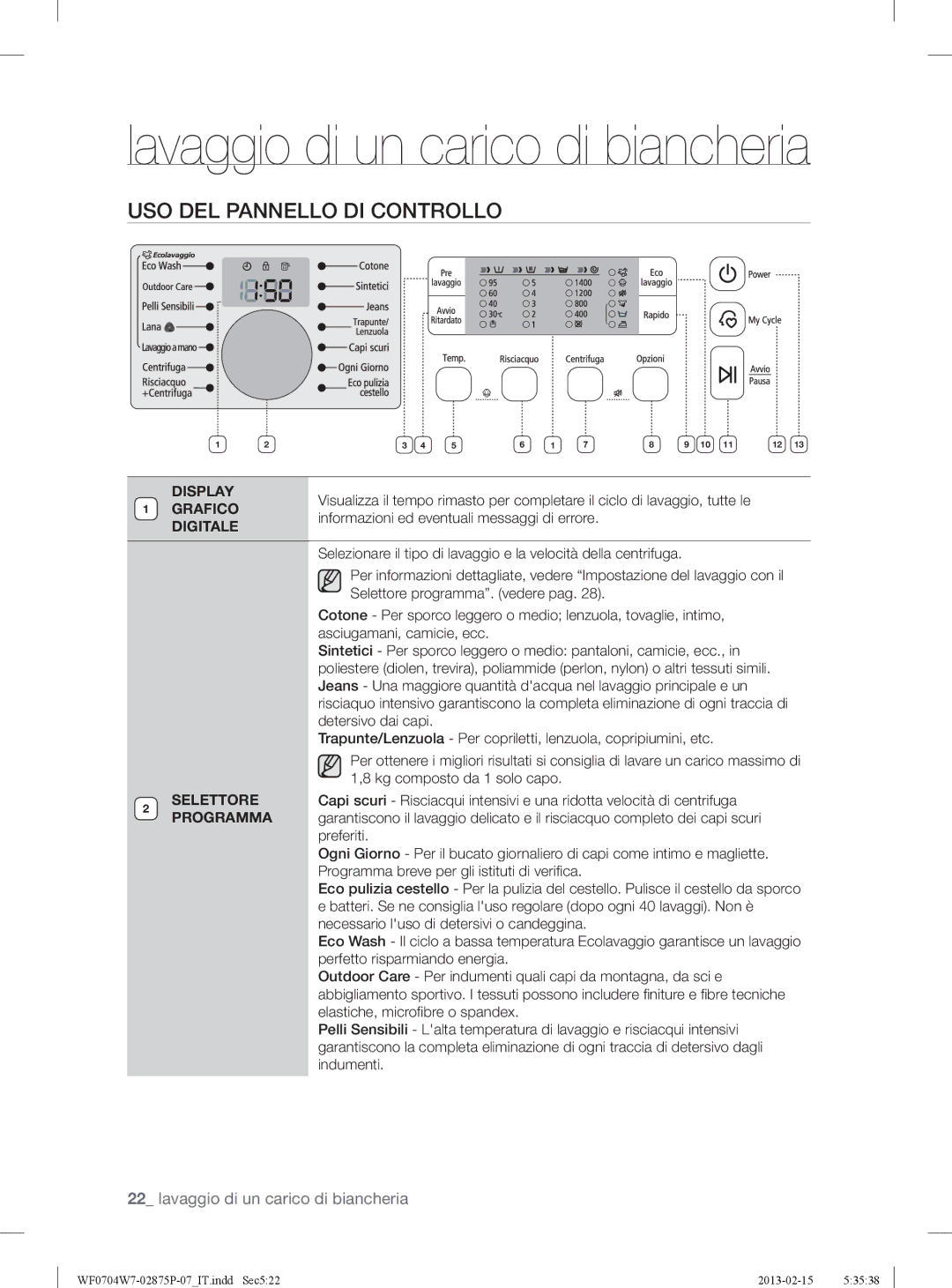 Samsung WF0704W7V/XET, WF0704W7V1/XET manual USO DEL Pannello DI Controllo 