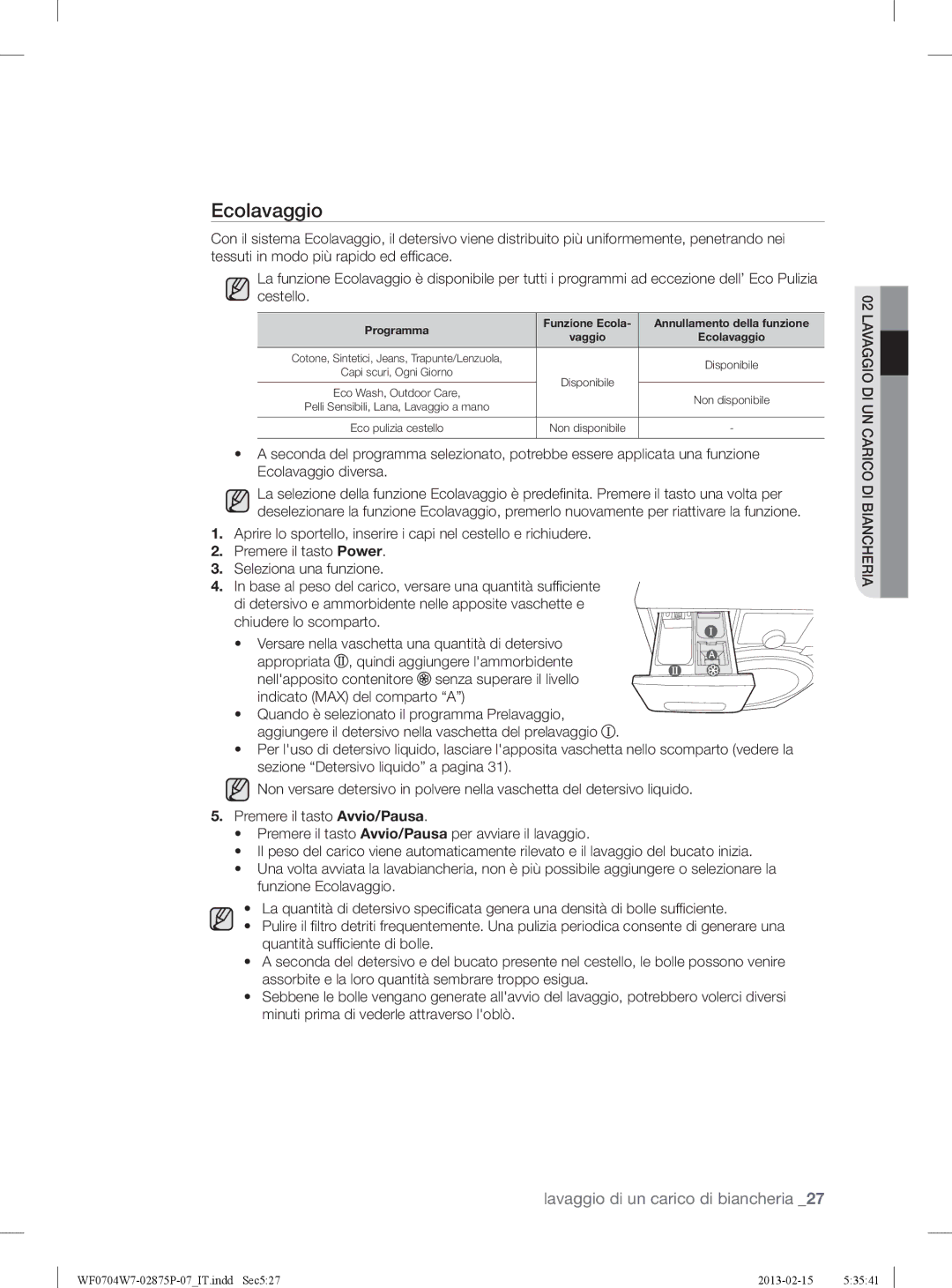 Samsung WF0704W7V1/XET, WF0704W7V/XET manual Ecolavaggio, Programma Funzione Ecola Annullamento della funzione 