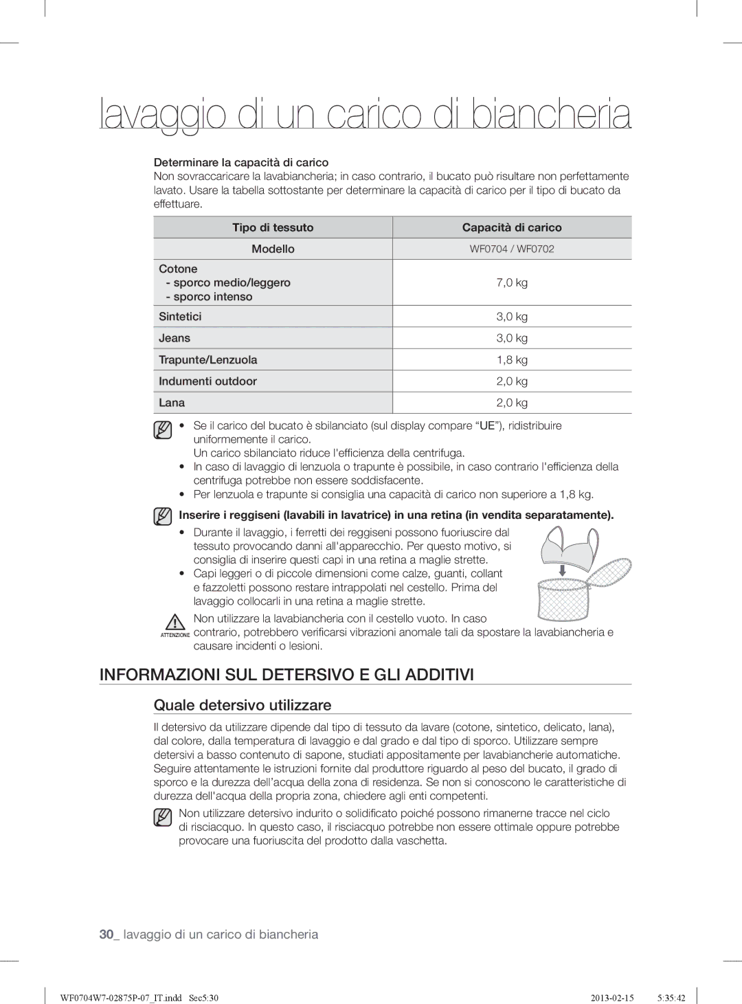 Samsung WF0704W7V/XET, WF0704W7V1/XET manual Informazioni SUL Detersivo E GLI Additivi, Quale detersivo utilizzare, Modello 