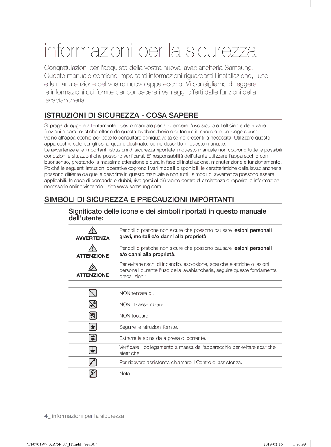 Samsung WF0704W7V/XET manual Informazioni per la sicurezza, Istruzioni DI Sicurezza Cosa Sapere, Avvertenza, Attenzione 