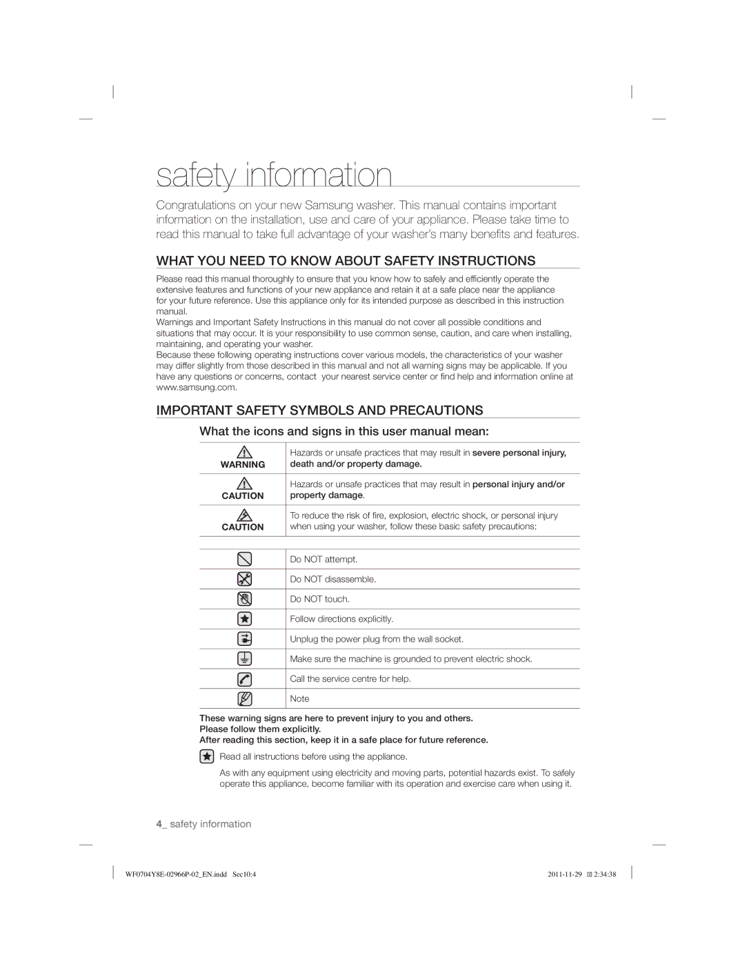 Samsung WF0704Y8E/XEE manual Safety information 