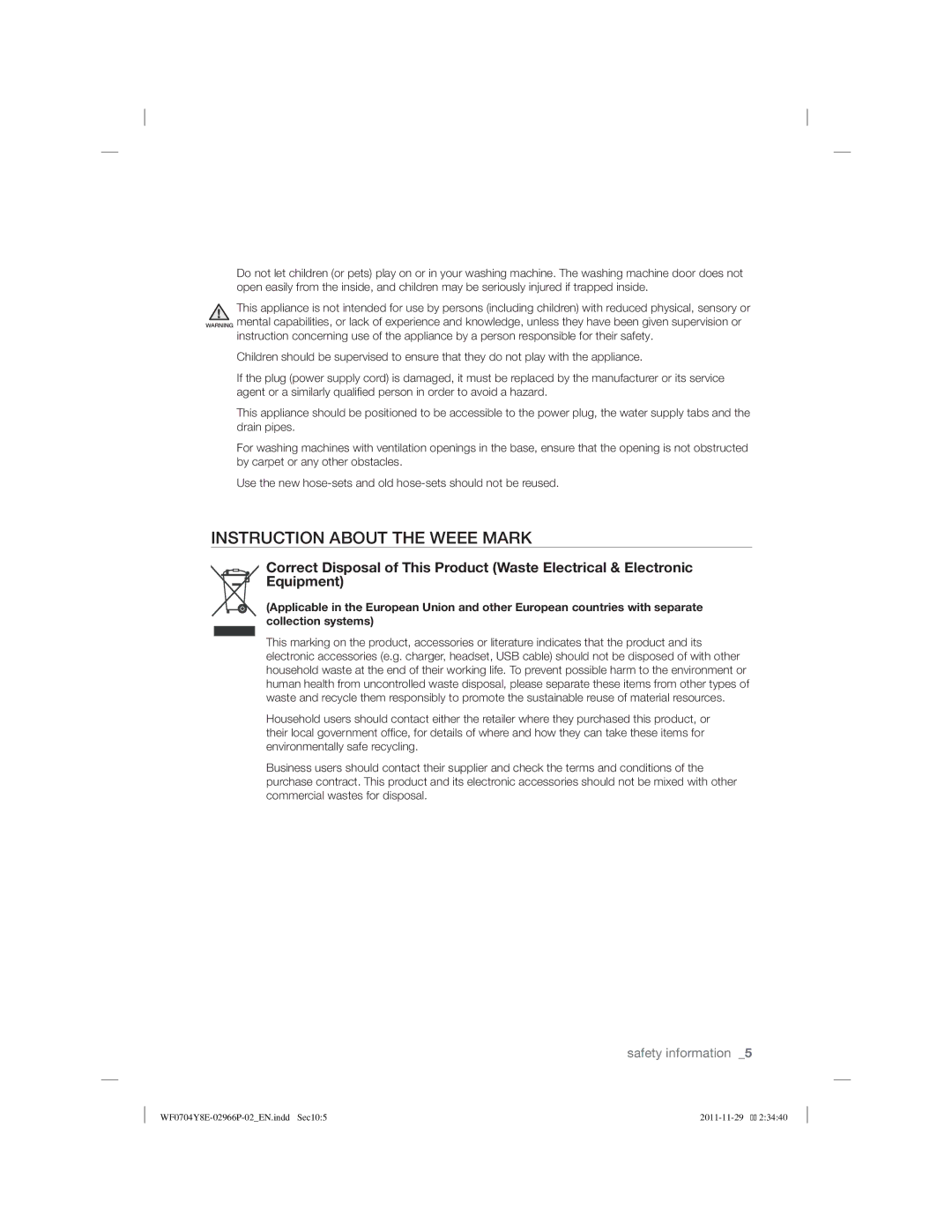 Samsung WF0704Y8E/XEE manual Instruction about the Weee Mark 