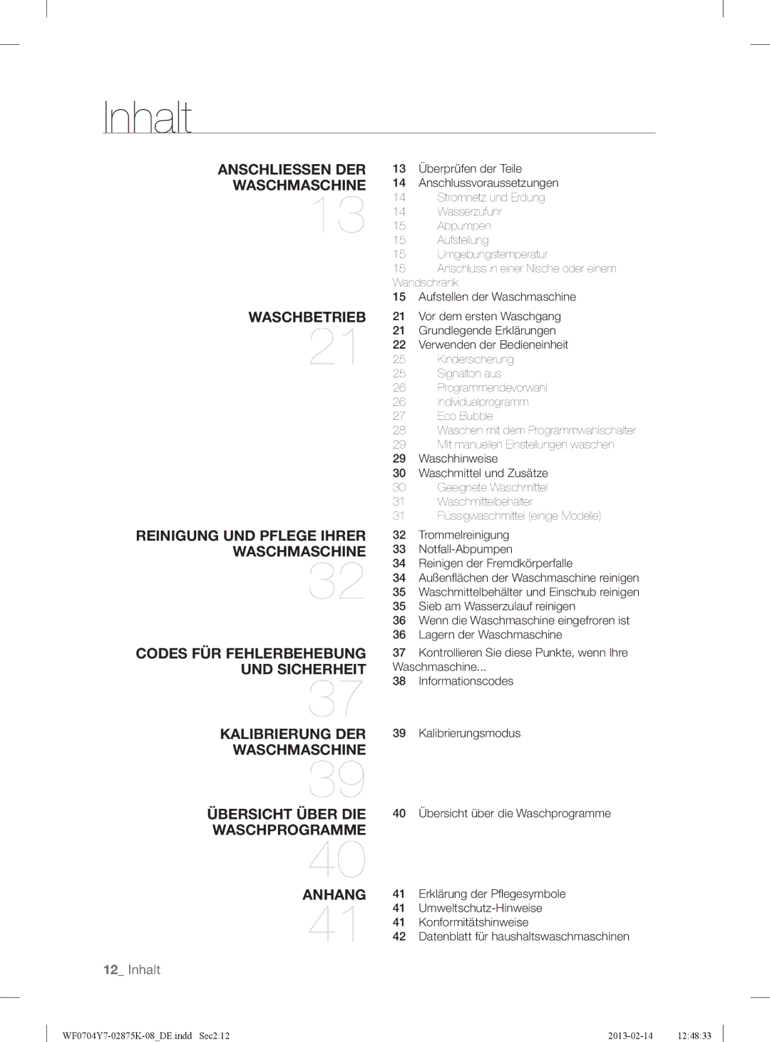 Samsung WF0714Y7E/XEN manual Inhalt 