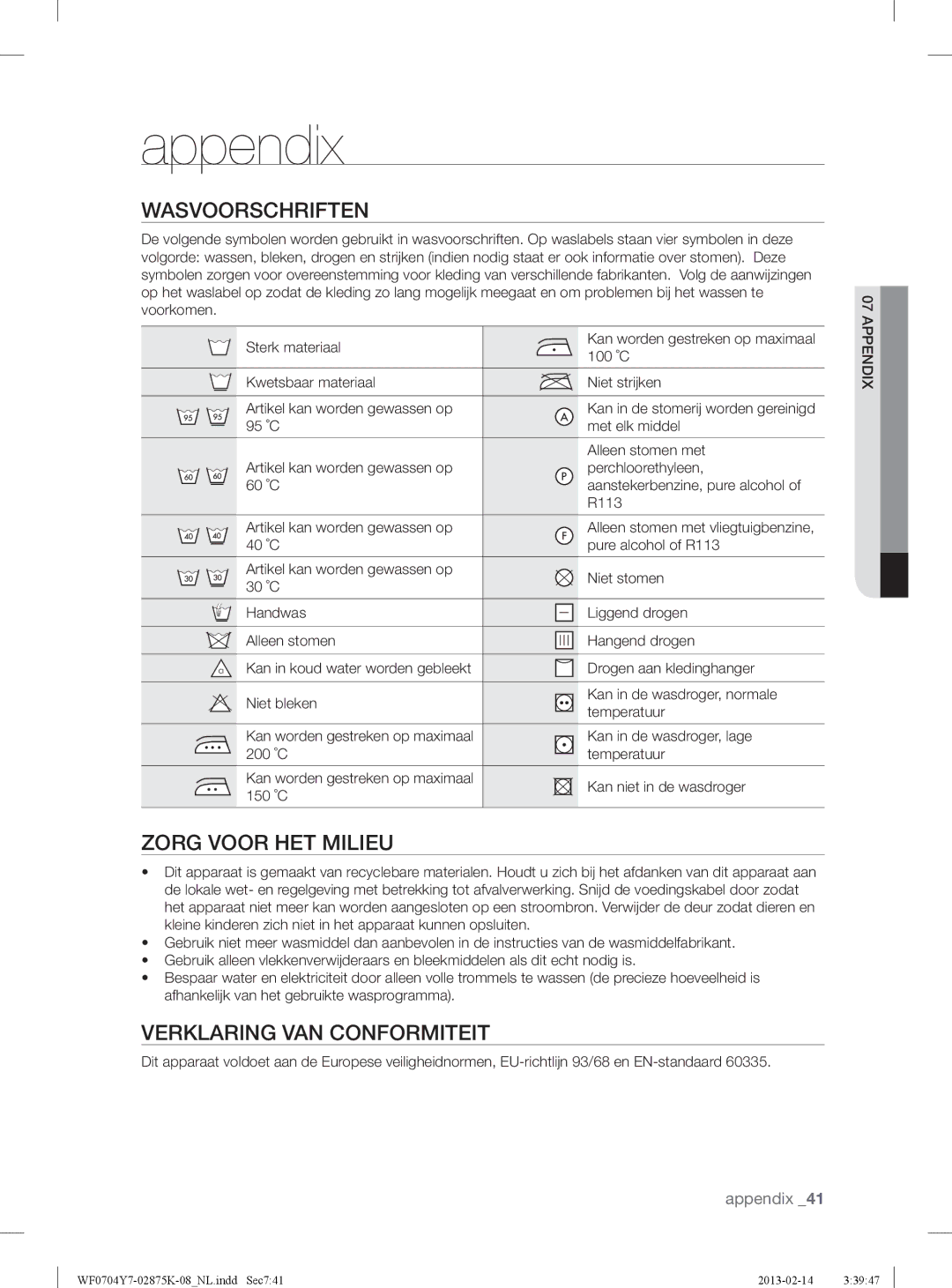 Samsung WF0714Y7E/XEN manual Appendix, Zorg Voor HET Milieu, Verklaring VAN Conformiteit 