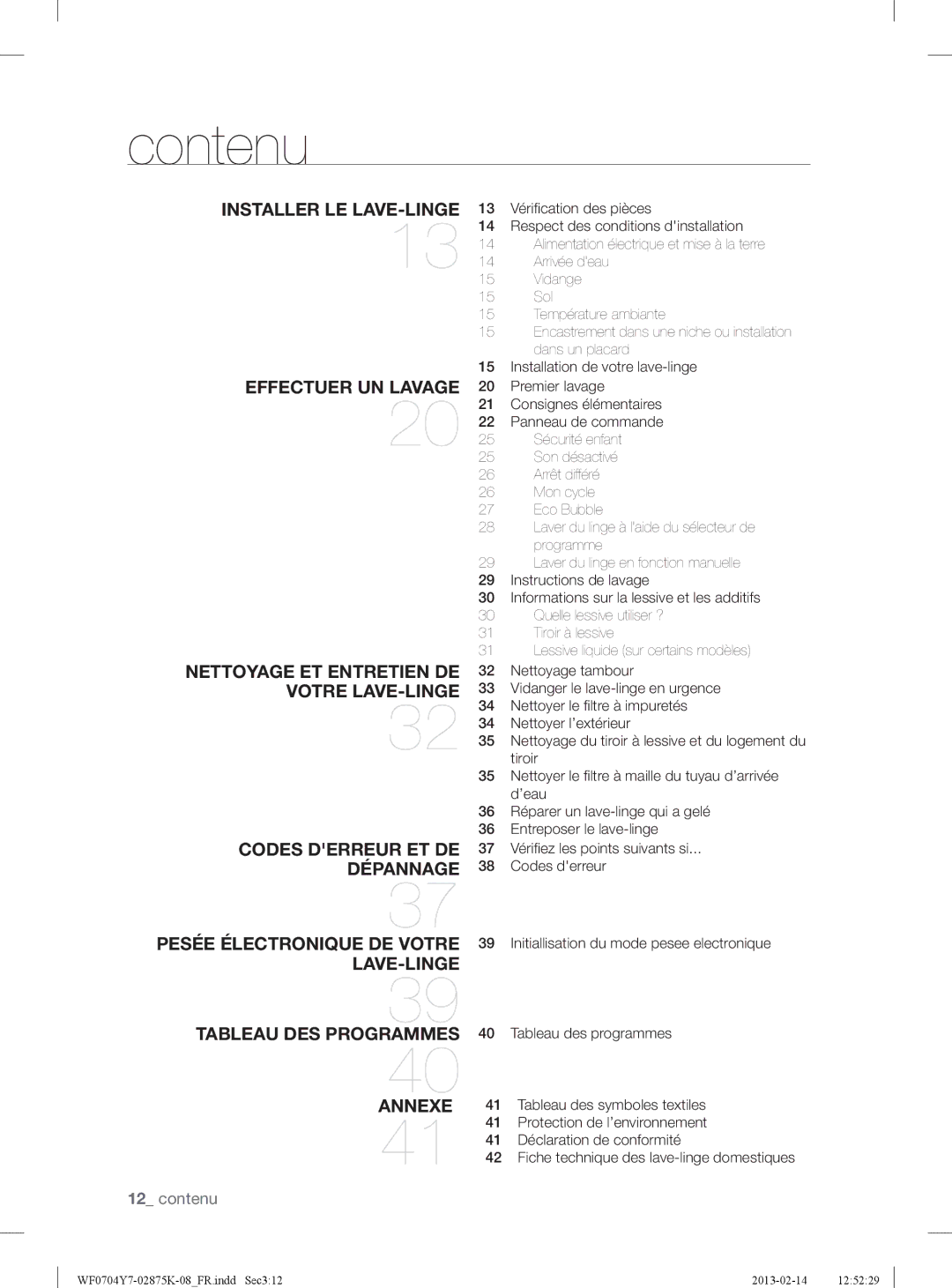 Samsung WF0714Y7E/XEN manual Contenu 