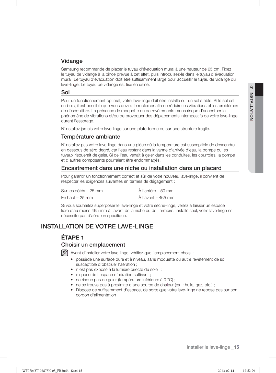 Samsung WF0714Y7E/XEN manual Installation DE Votre LAVE-LINGE 