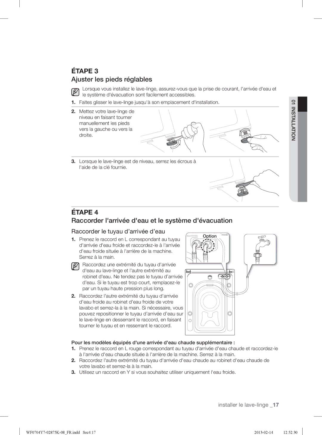 Samsung WF0714Y7E/XEN Ajuster les pieds réglables, Raccorder larrivée deau et le système dévacuation, Serrez à la main 