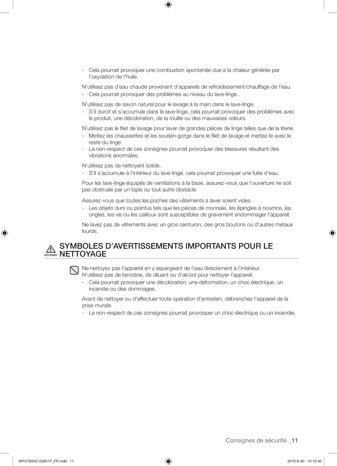 Samsung WF0790NCX/YLO manual Symboles D’AVERTISSEMENTS Importants Pour LE 