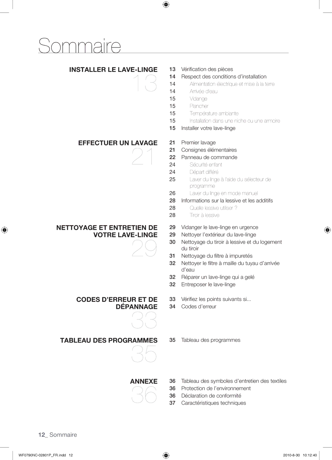 Samsung WF0790NCX/YLO Sommaire, Protection de l’environnement, Déclaration de conformité, Caractéristiques techniques 