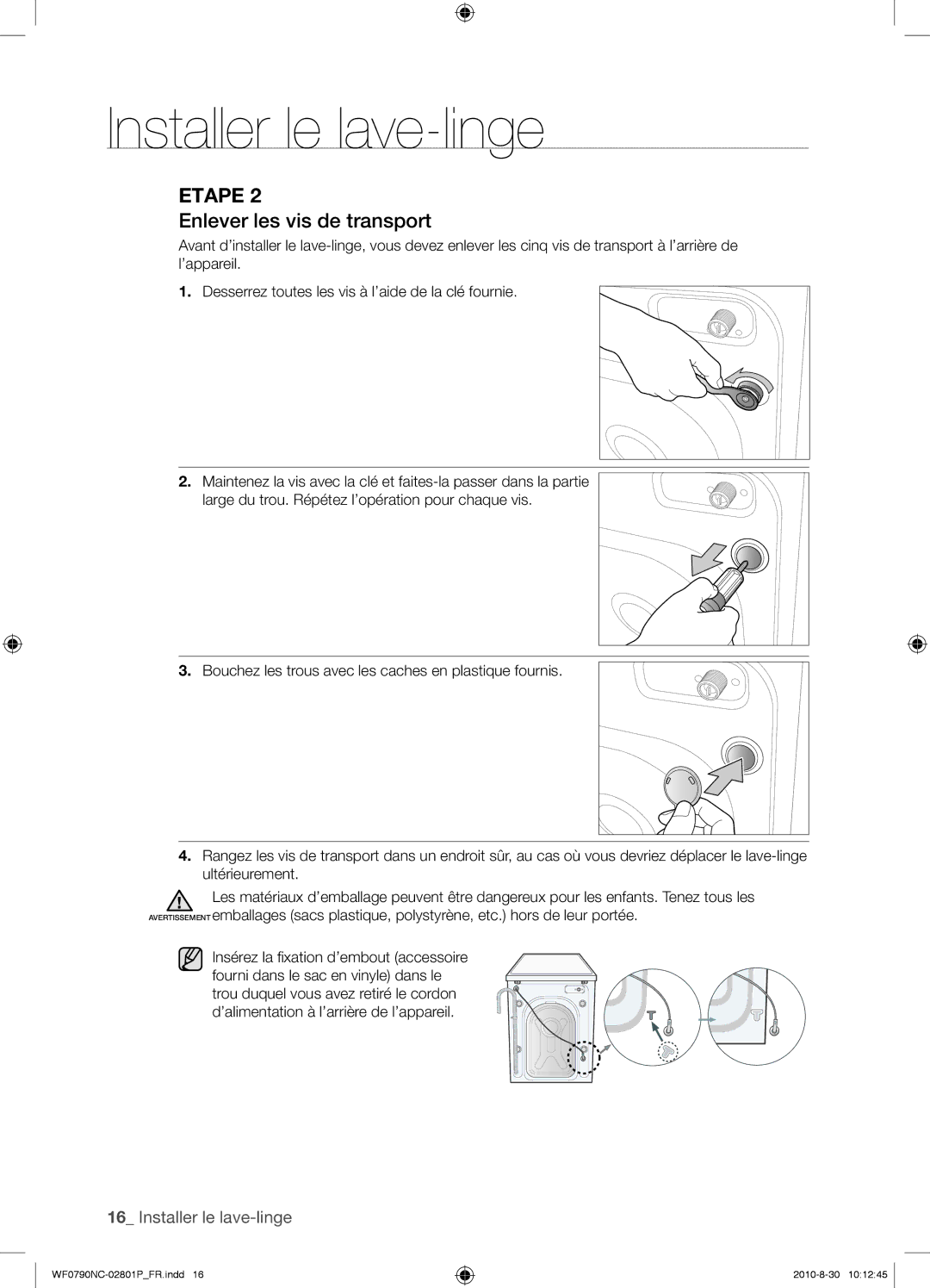 Samsung WF0790NCX/YLO manual Enlever les vis de transport 