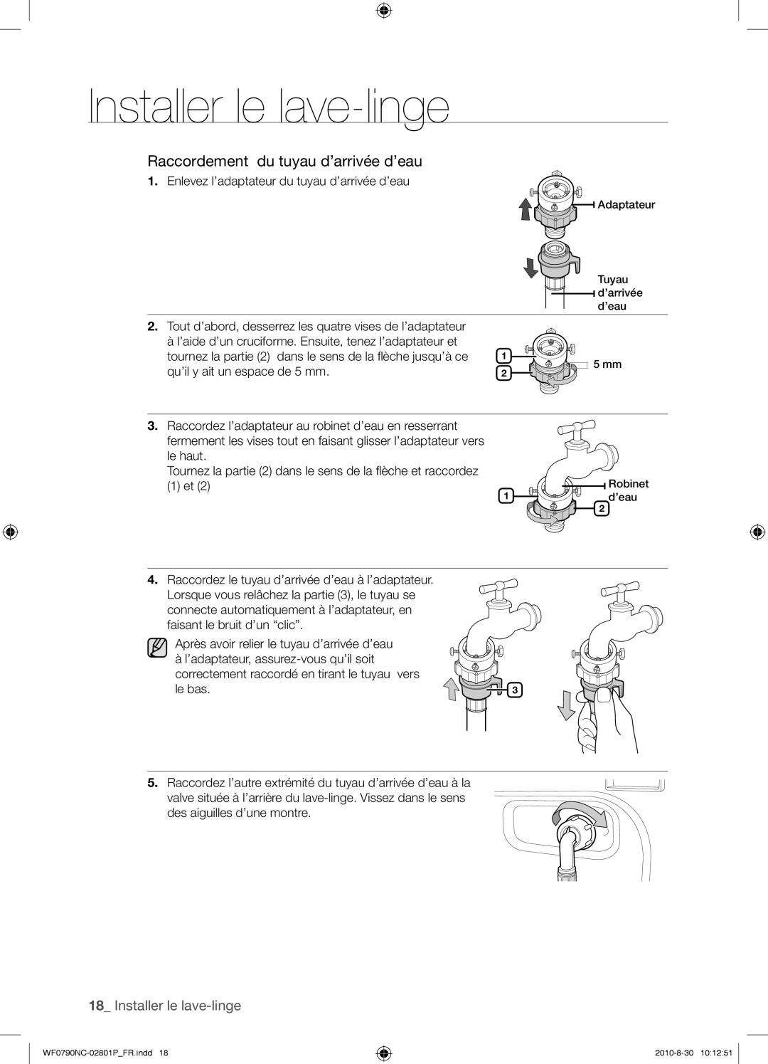 Samsung WF0790NCX/YLO manual Enlevez l’adaptateur du tuyau d’arrivée d’eau, ’adaptateur, assurez-vous qu’il soit 