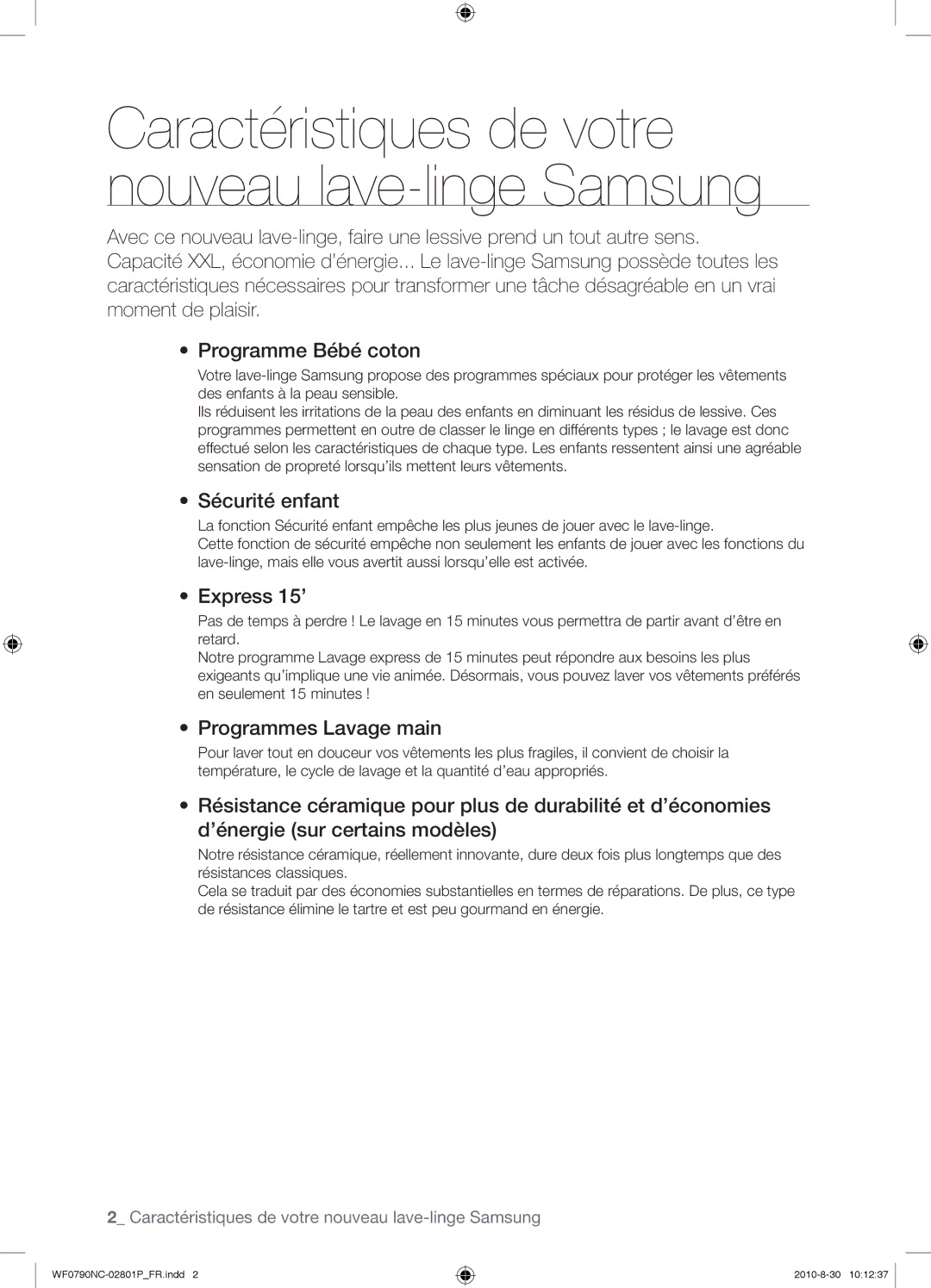 Samsung WF0790NCX/YLO manual Sécurité enfant, Express 15’, Programmes Lavage main 