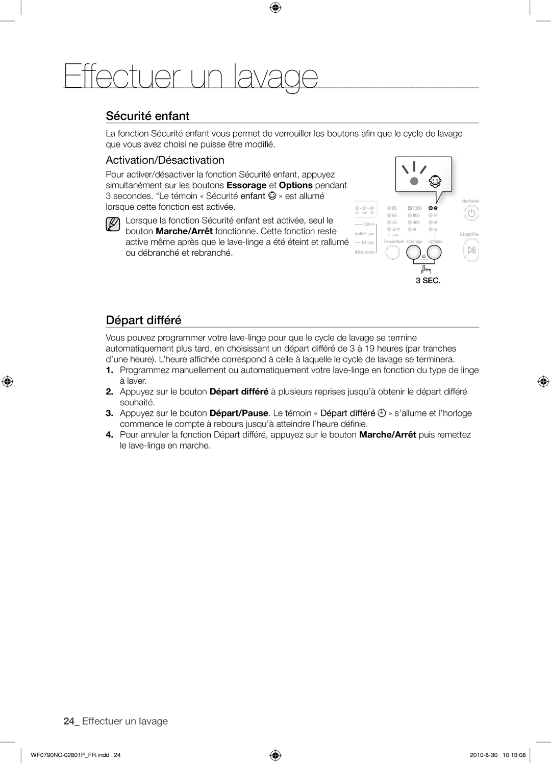 Samsung WF0790NCX/YLO manual Départ différé, Activation/Désactivation 